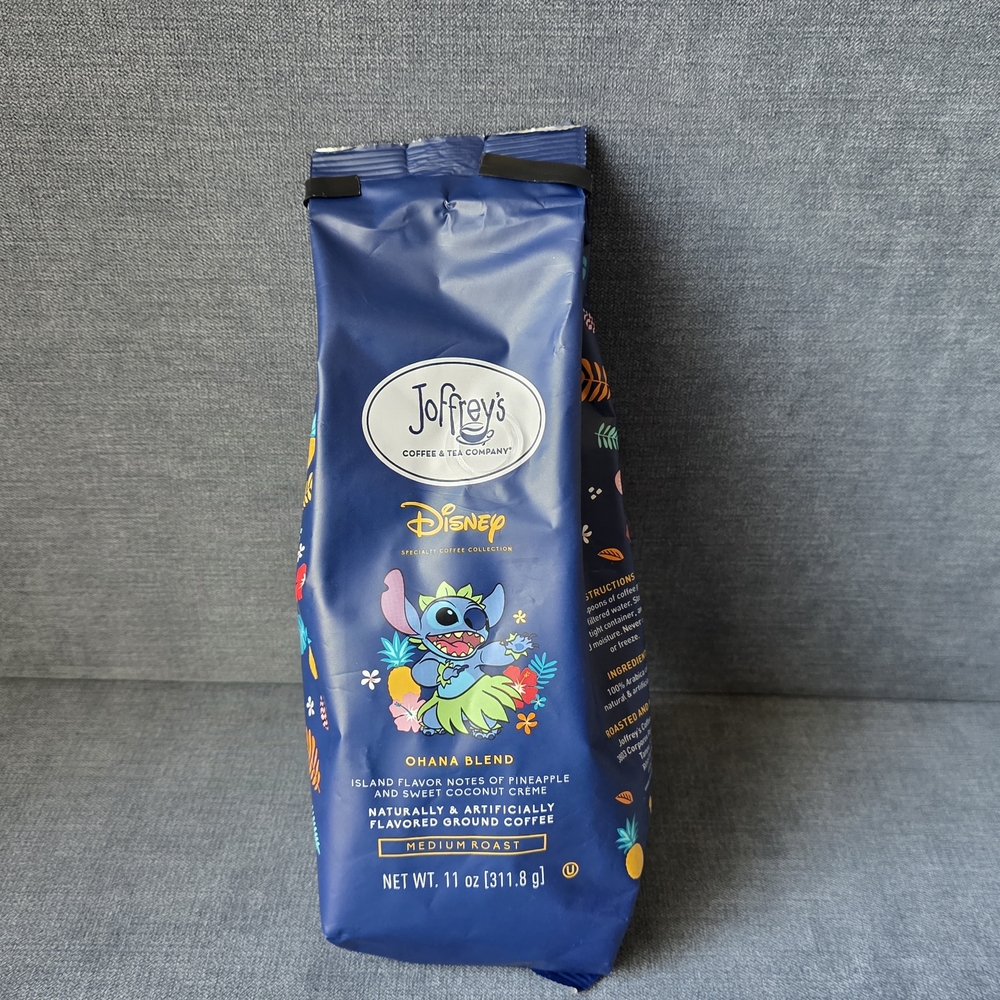Disney Ohana Blend Coffee with Blue and Yellow Stitch Design